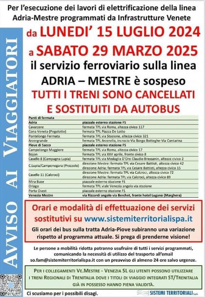 Sospensione della circolazione ferroviaria sulla linea Adria-Mestre